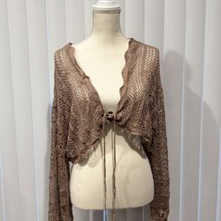 PLUS SIZE Brown Open Knot Lace Up Front Cardigan