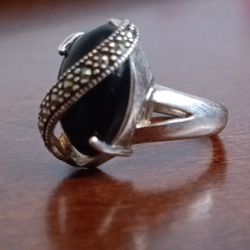 925 Silver Ring Black Onyx & Diamond Snake Design 4g Size 5 Vintage Art Deco