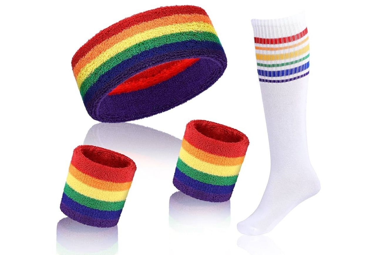 4 Pcs Striped Sweatband Sock Set Wrist Sweatband Headband High Striped Headband for Men Women Sports 80s Party(Rainbow Color