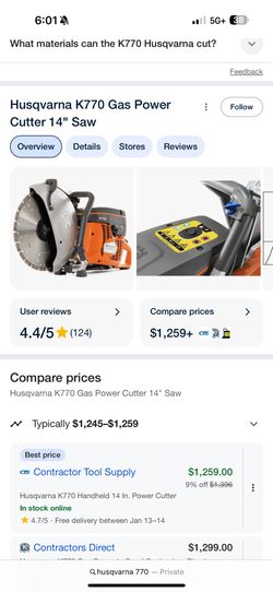 New Husqvarana 770 Concrete Saw 