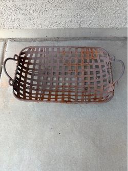 Vintage Rusted Metal Woven Basket with Handles