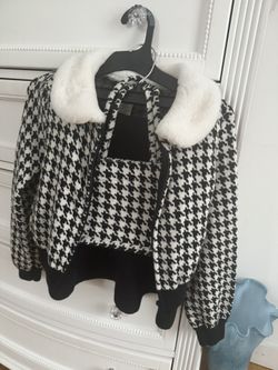 Girl Set Max Studio Girls 7-8 Yrs Plush Rounded Collar Houndstooth Pattern Sweater Zip Top Blk Skirt Matching Bag