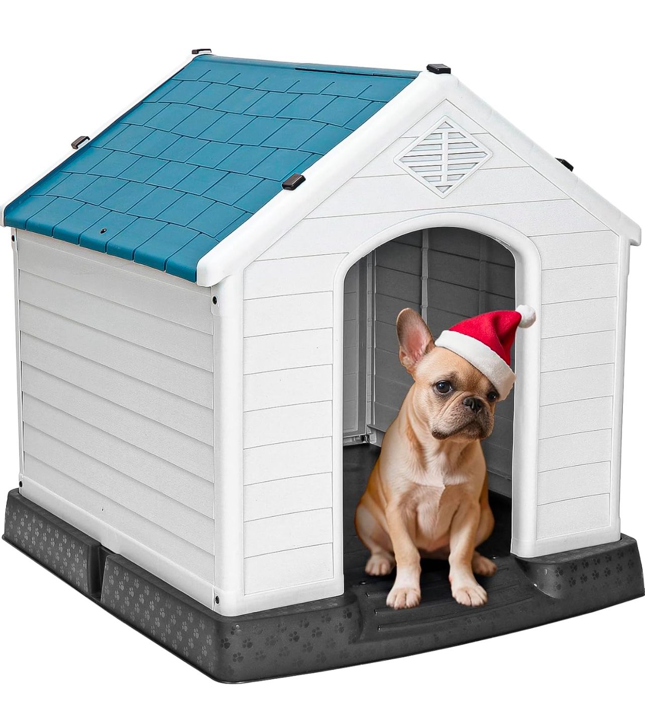 Plastic Dog House - Waterproof Dog Kennel with Air Vents and Elevated Floor All Weather Indoor Outdoor Insulated Doghouse Puppy Shelter, Easy to Assem