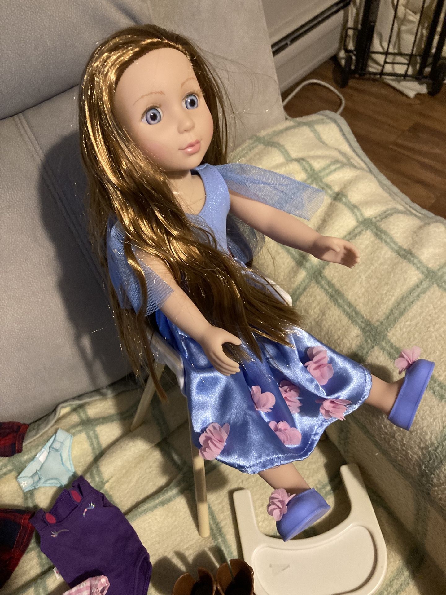 14” Glitter Girl Doll, Clothes & High Chair Read Description