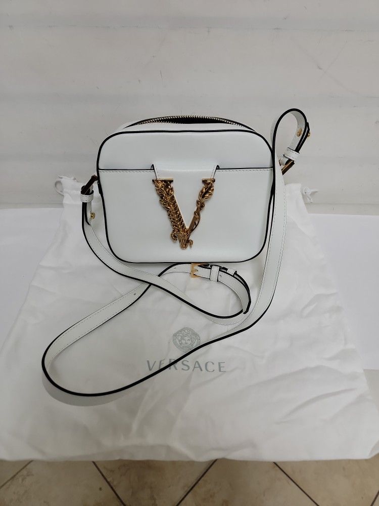 Versace Virtus White Shoulder Crossbody Fold Over Bag Purse New