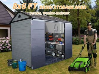 Upgraded 8x6ft Outdoor Resin Garden Shed with Floor and 2 Windows, Plastic Patio Outdoor Storage Shed with Lockable Door for Garden Tools, Bicycles, T