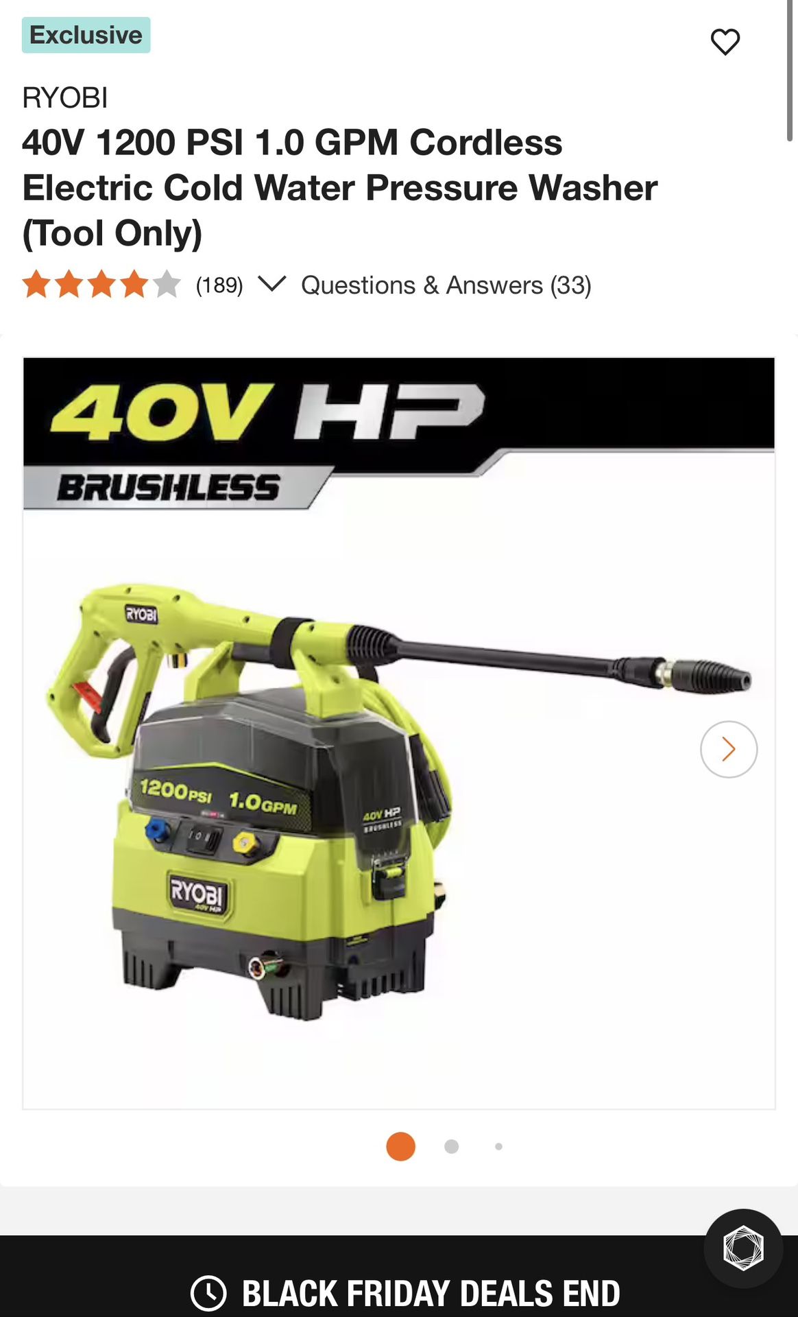 RYOBI PRESSURE WASHER BRUSHLESS 40 V TOOL ONLY NO INCLUDE BATTERY 