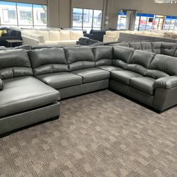 Grey Leather Sectional 
