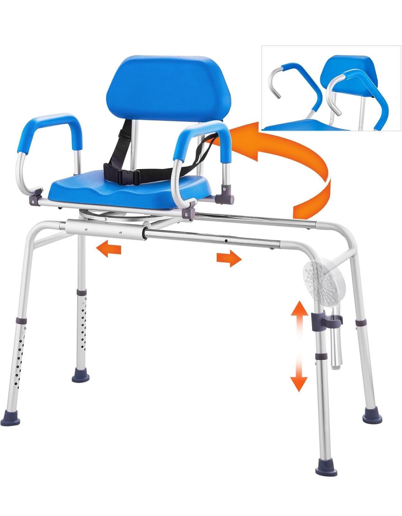 Sliding Tub Transfer Bench with 360 Degree Swivel Seat, Sliding Shower Chair with Pivoting Armrest & Padded Seat and Safety Belt, Height Adjustable Ba