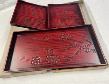   New but. Vintage, Firm, LACQUER WARE Nesting Trays, Black Red with Striped Design with plant limb and flowers, 3pc MELAMINE  