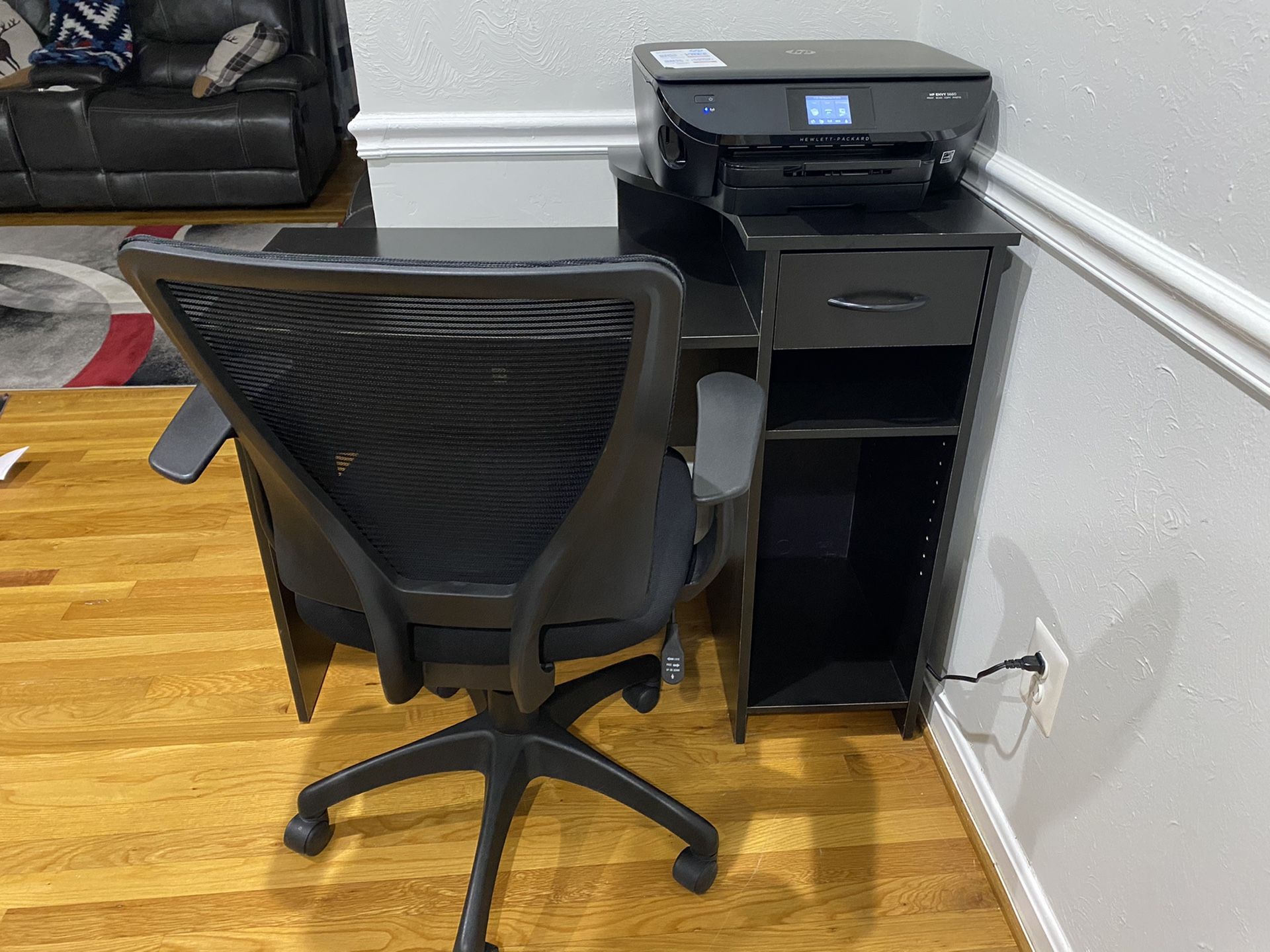 Computer desk, chair and HP printer.