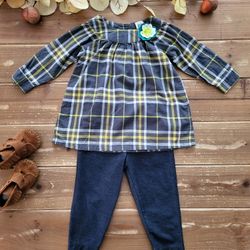 12MOS 2-PIECE OUTFIT GRAY & YELLOW PLAID COTTON LONG-SLEEVE LIGHTWEIGHT TUNIC W/JEGGING