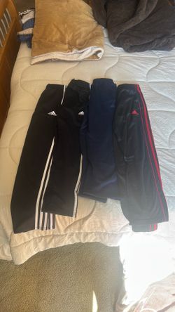 4 Adidas Youth Track Pants – Size M & L, Black/Navy/Red Stripe