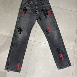 Chrome Hearts Black and Red Patch Drake Jeans
