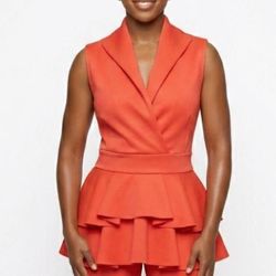 VENUS Women's Tangerine Orange Peplum Ruffle Cap Sleeve Top with Collar Sz 2x