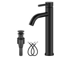 Matte Black Vessel Sink Faucet Bathroom Faucet Tall Stainless Steel Bathroom Sink Faucet Single Handle One Hole Round Body with Pop up Drain Basin Bow
