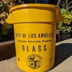 Vintage Trash Can City Of Los Angeles Waste Basket Yellow LA Garbage Receptacle Man Cave Shop 