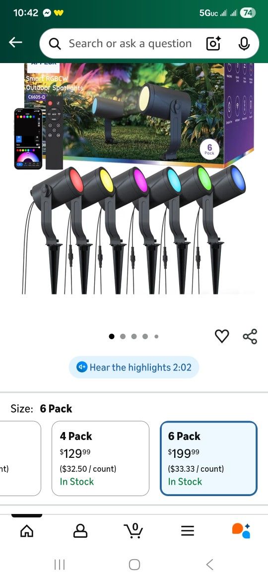 APPECK Smart Landscape Lighting Kit 36W, RGBCW Smart Landscape Lights 6 Pack, IP65 Waterproof Outdoor Spotlights, Alexa/Google Assistant Compatible, f