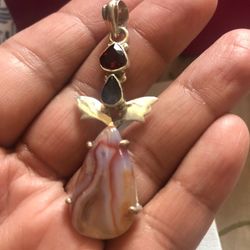 925 sterling silver plated garnet ,iolite and agate gemstone pendant