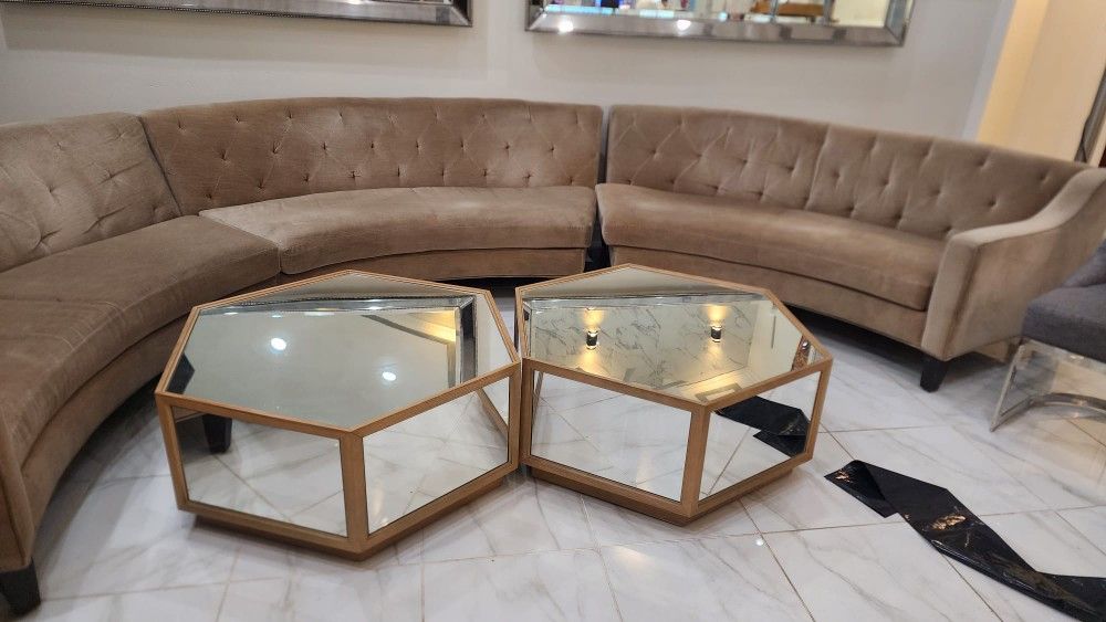 Hexagonal Mirror And Gold Coffee Table
