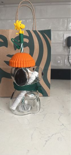 Starbucks Peanuts Snoopy Glass Cup with Lid and Straw
