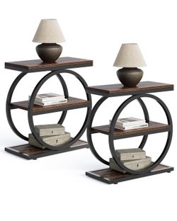 End Table Set 2, Side Table with 3 Tiers Shelves, Slim Sofa Side Table for Living Room, Tall Bedside Table Nightstand for Bedroom, Rustic Brown and Bl