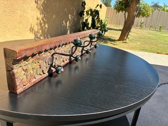Antique Carved Wood Wall Coat Rack with Iron Hooks