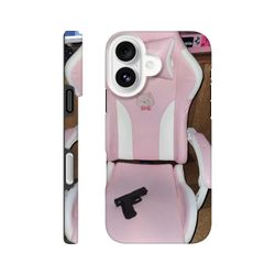 Cute & Edgy Soft iPhone 16 Case - Kawaii Pink Gaming Chair with Gun