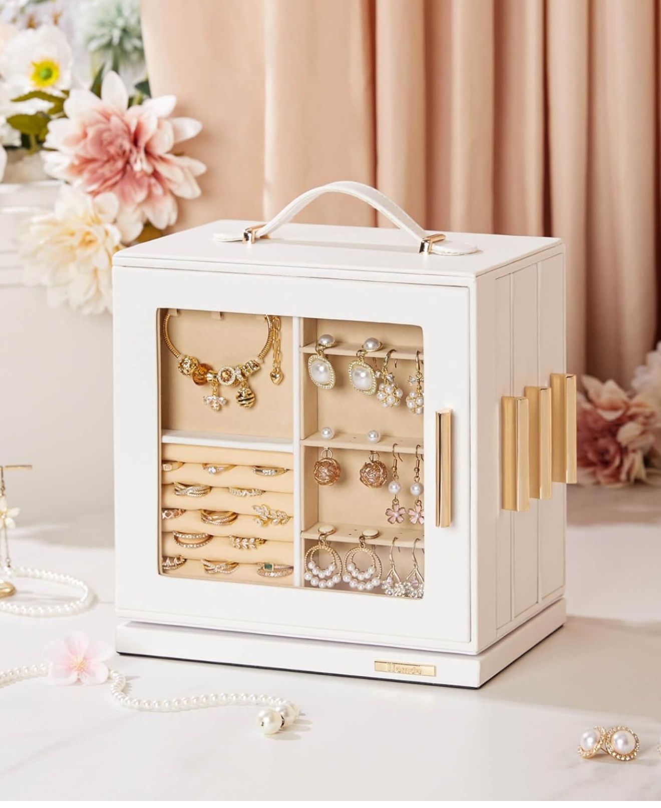 Homde Jewelry Box 360° Rotating, Necklace Earring Organizer with Transparent Window, Mirror, 7 Drawers, Large Ring Display Storage Case for Girls Wome