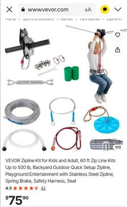 VEVOR 60 ft Zipline Kit with Harness and Seat