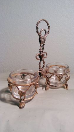 Vintage Brass Grape Cluster and Leaf Salt and Pepper Caddy w/ Original Glass Carriers