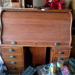 Oak Roll top Desk With Printer Stand And Extra Cabinet 