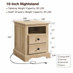 (A-Pair) 18” Vintage Nightstand with Charging Station, End Table, Side Table with 2 Drawers for Bedroom, Living Room