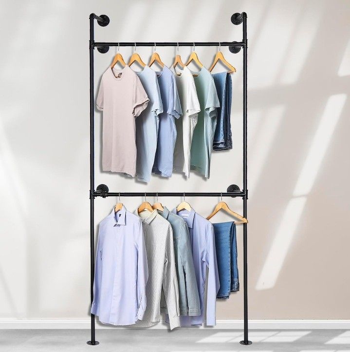Industrial Pipe Clothing Rack Metal, Minimalist Retro Walk-in Closet System, Heavy Duty Wall Mounted Industrial Pipe Closet Organizer (2 Tier, 88.58"