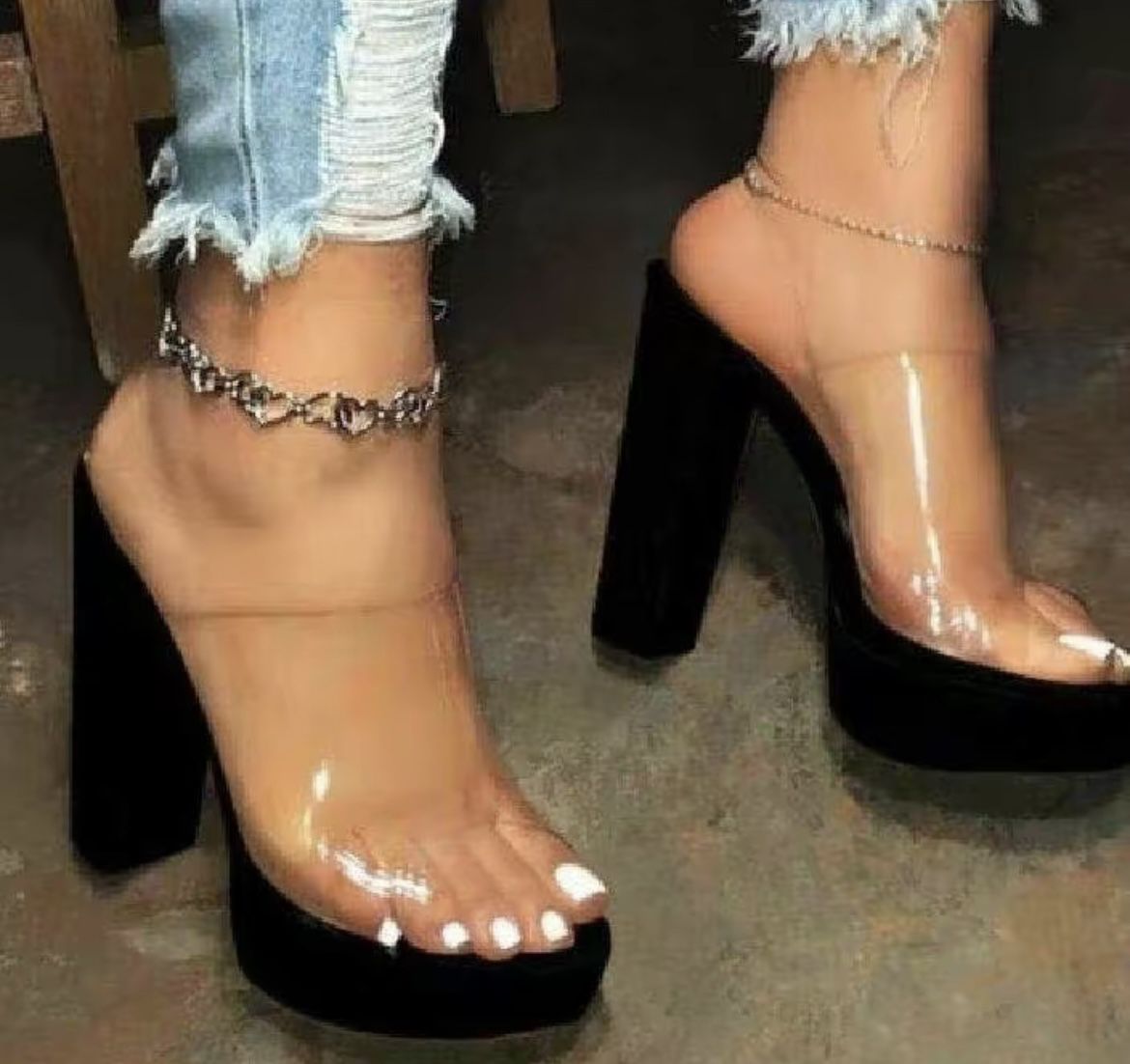 Black, clear thick heel
