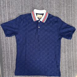 Gucci Men’s Blue Cotton Polo Shirt with GG Embroidery Size M