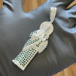 Solid 925 Sterling Silver San Judas Tadeo Pendant Greek Pattern 2.5in Green CZ