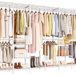 F6 Freestanding Large Industrial Pipe Metal Clothing Rack Closet Organizer Storage System with Adjustable Shelves and Hanging Rods, Heavy Duty Garment