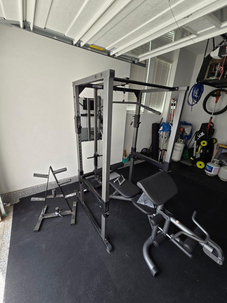 Gym Tower With Bench, Plate Rack, And Accessories