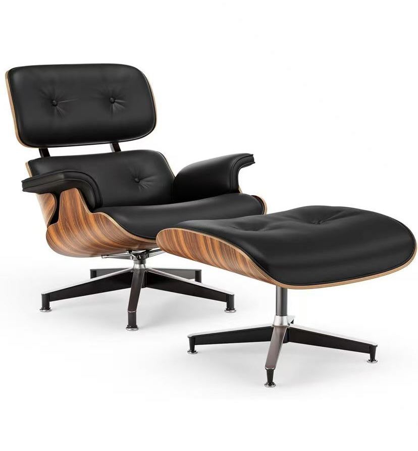 Top Black PU Leather, Mid Century Chaise Lounge Chair and Ottoman, Modern Chair Classic Design, Palisander Wood, Heavy Duty Base Support for Living Ro