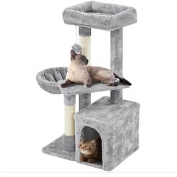 Cat Tree, Multi Level Climbing Tower for Indoor Cats, Pet Activity Center Scratching Post Indoor Furniture Bed with Basket for Kittens, Light Gray