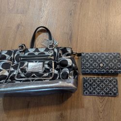 Coach Poppy Signature Lurex  Tote, Wallet And Checkbook