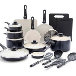 GreenLife Soft Grip Healthy Ceramic Nonstick [Brand NEW in Box] 23 Piece Kitchen Cookware Pots and Frying Sauce Saute Pans Set with Kitchen Utensils, 