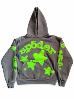 555 Pullover Hoodie Men's S Gray/ Green Graphic Print Pockets Cotton Blend