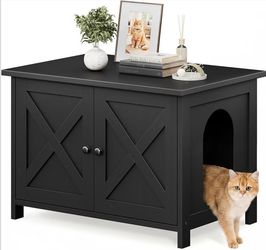 Cat Litter Box Enclosure, Litter Box Furniture Cabinet Hidden with Removable Divider, Wooden Cat House with End Table, Color– Black, 31.5 inch