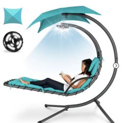 2 Best Choice Products Hanging LED-Lit Curved Chaise Lounge Chair for Backyard, Patio w/ Pillow, Canopy, Stand