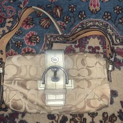 Coach Gold Leather Beige Monogram Fabric Buckle Women’s Shoulder Bag