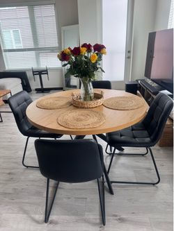 Modern Round Dining Table + 4 Black Chairs
