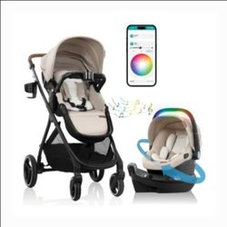 EVENFLO Shyft Intuiti+ Travel System featuring Revolve180 LiteMax NXT Preemie & Infant Car Seat with SensorySoothe and Green & Gentle (Champagne)