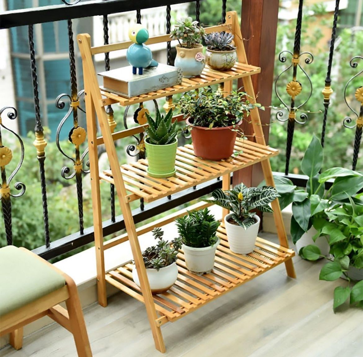Bamboo Plant Stand Shelves Foldable Ladder Style 3 Tiers Freestanding NEW